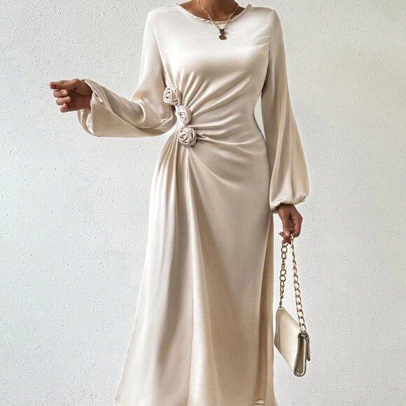 . Dresses & Skirts - Apricot Preppy WomensWomen's Round Neck 3d Flower Decorated Lantern Sleeve Dress